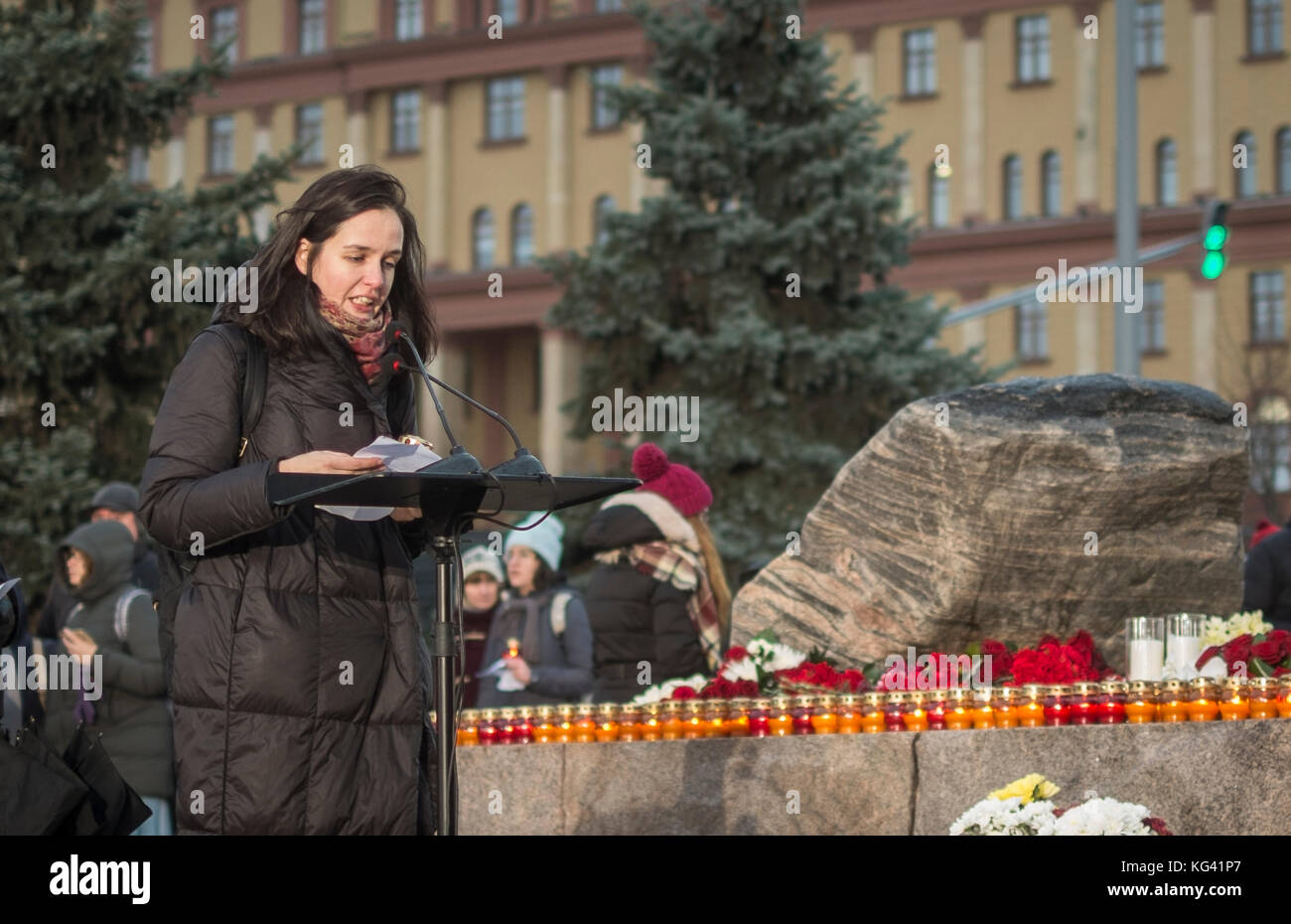 More than 5,000 people took part in a ceremony in Moscow's Lubyanka Square on October 29, 2017, to commemorate the victims of political terror during the Communist era. For twelve hours, people read names of those who were killled or disappeared, especially at the height of Stalinist terror in 1937-1938. In Moscow alone, more than 30,000 people were murdered. Reading the names of the victims has become an annual tradition since 2007. Stock Photo