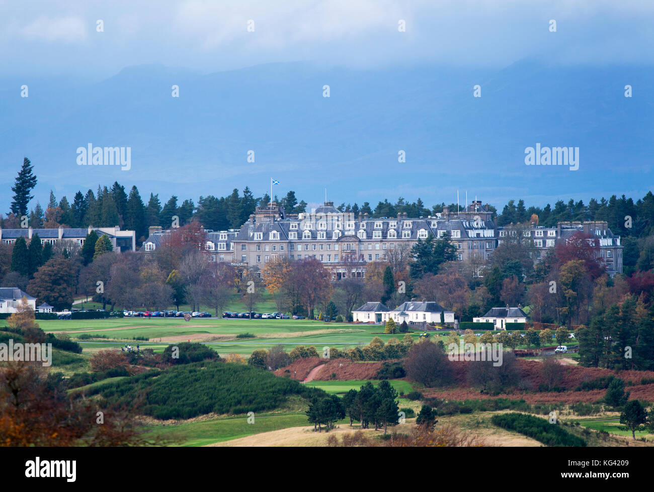 A view from Glen Devon of the Gleneagles luxury hotel, Auchterarder, Perthshire, Scotland. Stock Photo