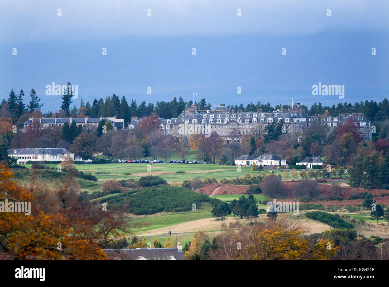 A view from Glen Devon of the Gleneagles luxury hotel, Auchterarder, Perthshire, Scotland. Stock Photo