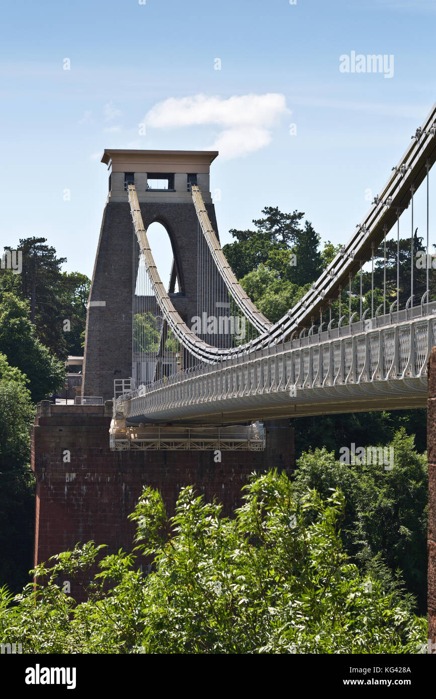 A view of Clifton Suspension Bridge from Sion Hill Park on a summers day with a blue sky behind. Clifton, Bristol, Somerset, England. Stock Photo