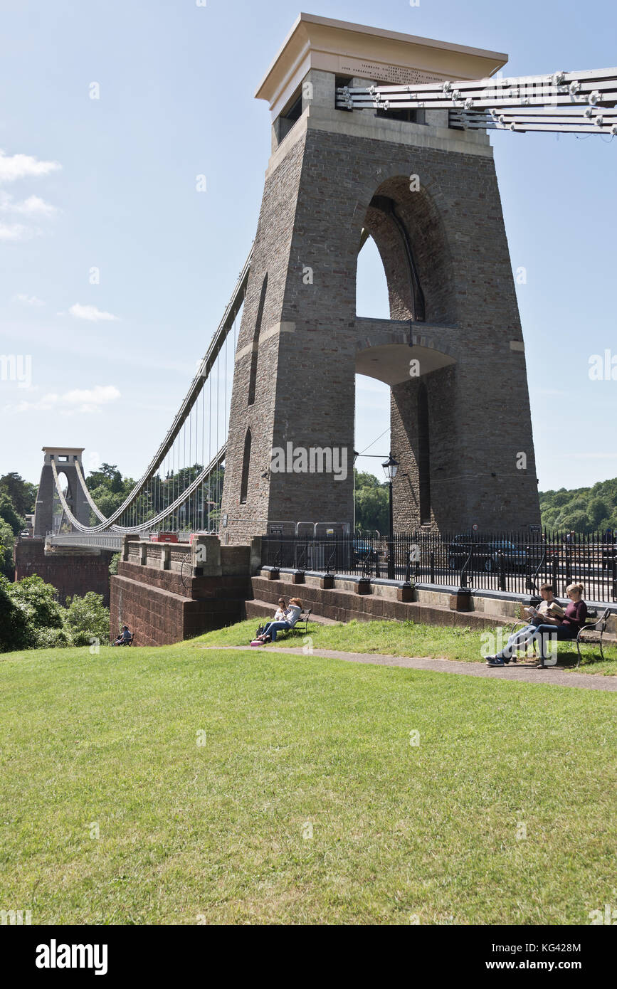 A view of Clifton Suspension Bridge from Sion Hill Park on a summers day with a blue sky behind. Clifton, Bristol, Somerset, England. Stock Photo