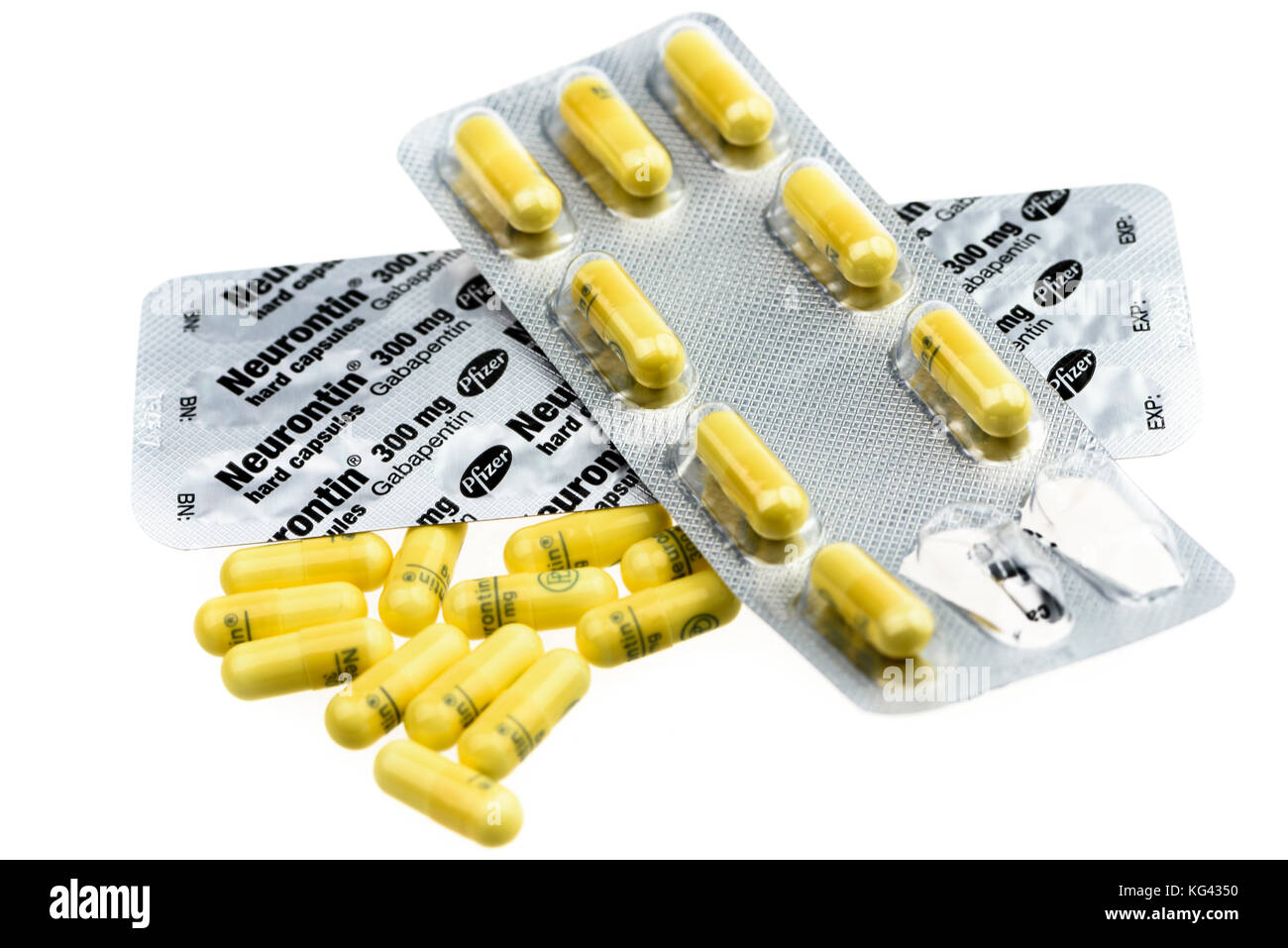 Gabapentin tablets and blister pack, a prescription medicine used for severe neuropathic pain. Stock Photo