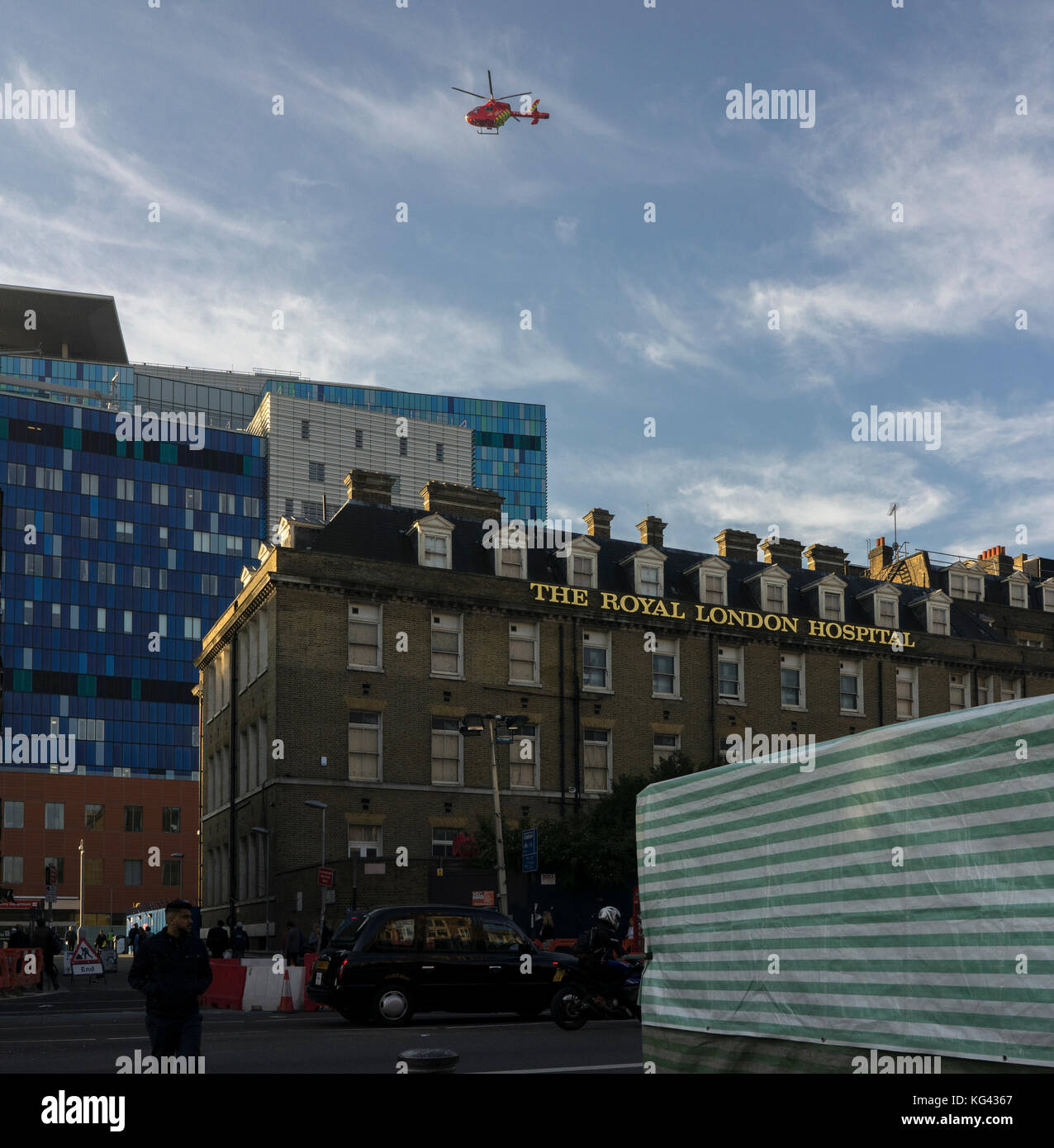 London Air Ambulance arrives at the new Royal London Hospital in Whitechapel in London early in the morning Stock Photo