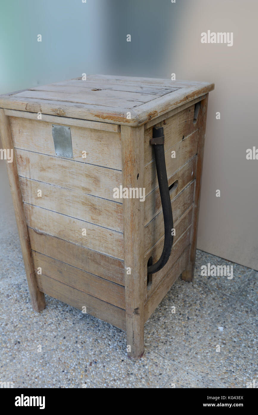 Old electric vintage wooden washing machine from end of 1950. Stock Photo