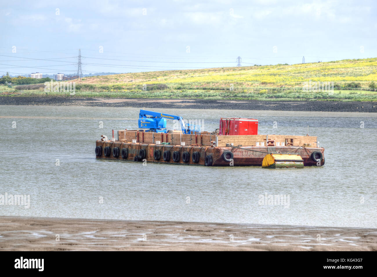 Floating pontoon with height access equipment and power generator