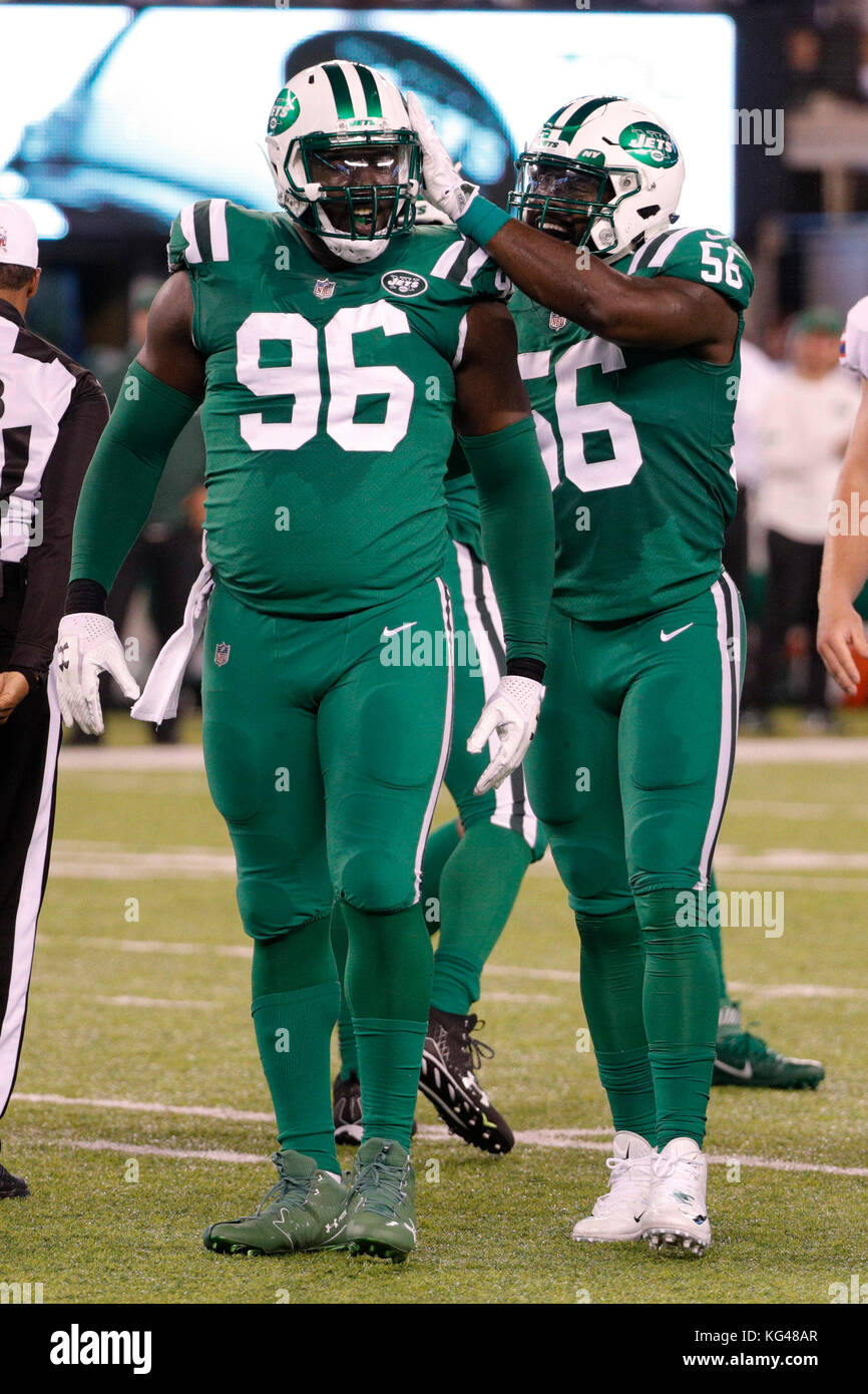 East Rutherford, New Jersey, USA. 2nd Nov, 2017. New York Jets defensive  end Muhammad Wilkerson (96) reacts with linebacker Demario Davis (56)  during the NFL game between the Buffalo Bills and the