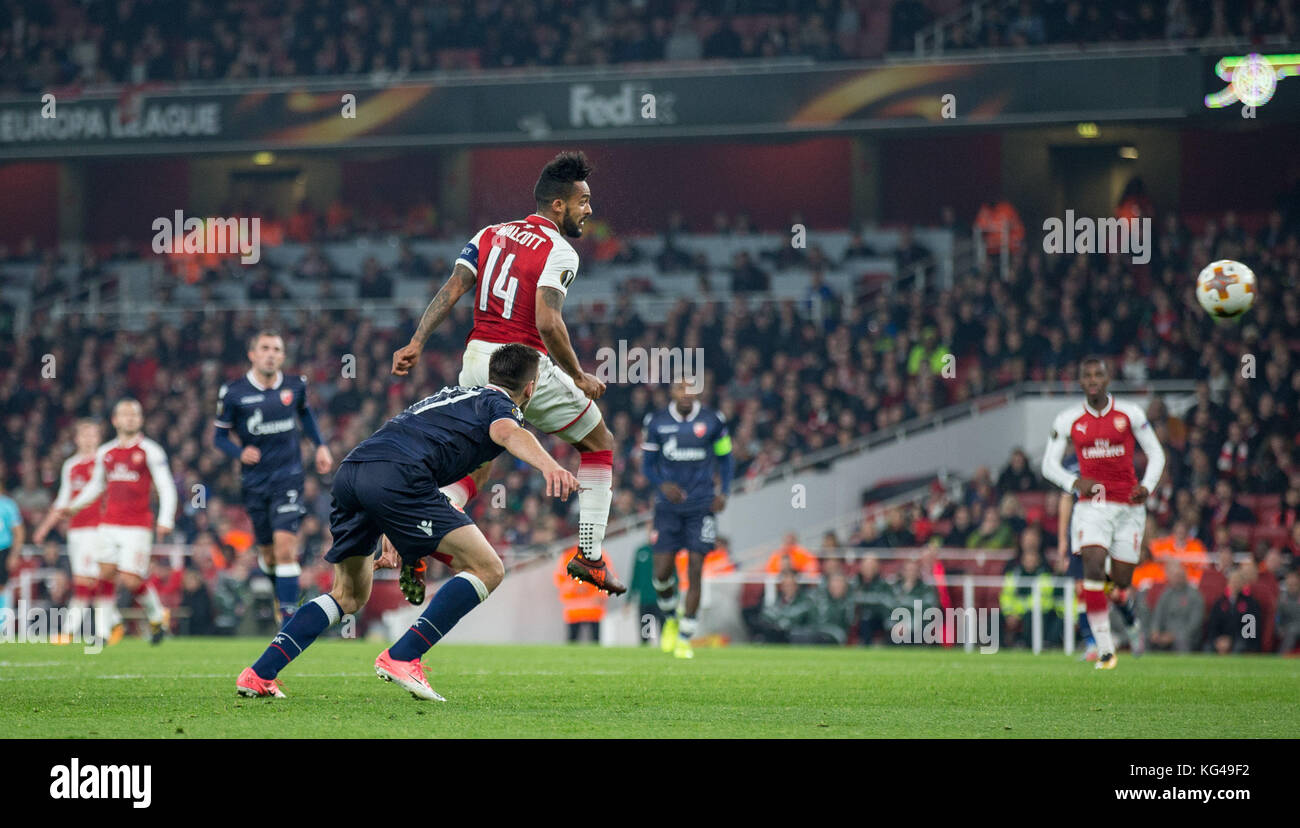 London, UK. 02nd Nov, 2017. Theo Walcott of Arsenal heads a shot at goal during the UEFA Europa League group stage match between Arsenal and FC Red Star Belgrade at the Emirates Stadium, London, England on 2 November 2017. Photo by Andy Rowland. Credit: Andrew Rowland/Alamy Live News Stock Photo