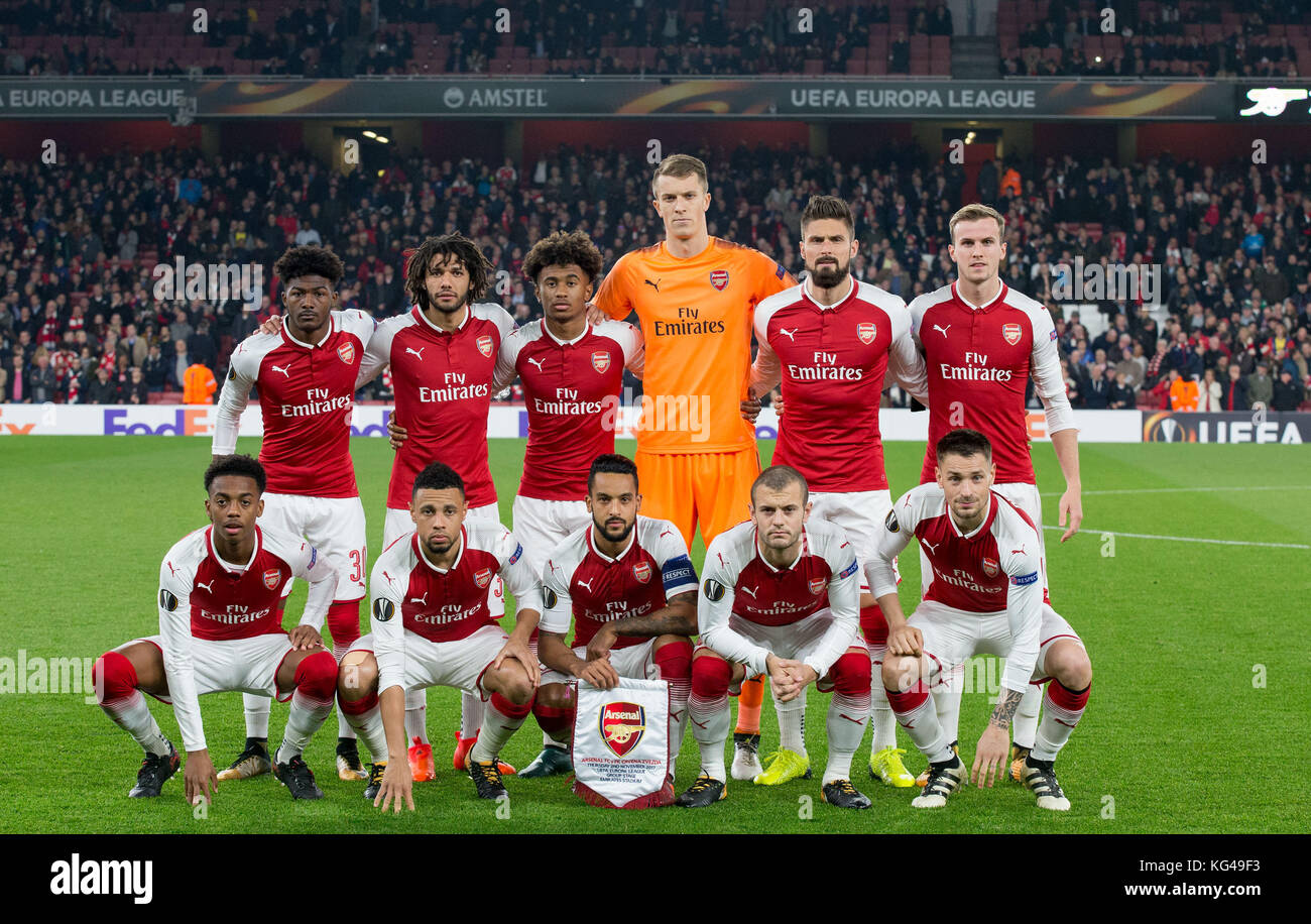 London, UK. 02nd Nov, 2017. Arsenal pre match team photo (back row l-r) Ainsley Maitland-Niles, Mohamed Elneny, Reiss Nelson, Goalkeeper Matt Macey, Olivier Giroud & Rob Holding (front row l-r) Joe Willock, Francis Coquelin, Theo Walcott, Jack Wilshere & Mathieu Debuchy during the UEFA Europa League group stage match between Arsenal and FC Red Star Belgrade at the Emirates Stadium, London, England on 2 November 2017. Photo by Andy Rowland. Credit: Andrew Rowland/Alamy Live News Stock Photo