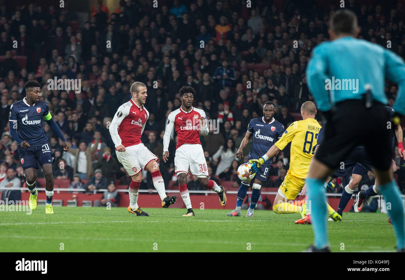 London, UK. 02nd Nov, 2017. Jack Wilshere of Arsenal shot at goal is saved by Goalkeeper Milan Borjan of Crvena Zvezda (Red Star Belgrade) during the UEFA Europa League group stage match between Arsenal and FC Red Star Belgrade at the Emirates Stadium, London, England on 2 November 2017. Photo by Andy Rowland. Credit: Andrew Rowland/Alamy Live News Stock Photo