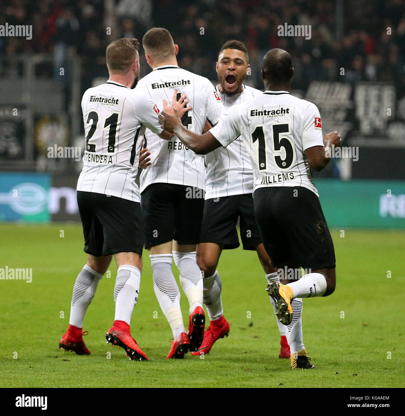 Frankfurt's Ante Rebic (C) celebrates his 1-0 goal with his team mates Marc Stendera (Frankfurt), Jetro Willems (Frankfurt), Simon Falette (Frankfurt) during the German Bundesliga soccer match between Eintracht Frankfurt and Werder Bremen in Frankfurt/M., Germany, 03 November 2017. (EMBARGO CONDITIONS - ATTENTION: Due to the accreditation guidelines, the DFL only permits the publication and utilisation of up to 15 pictures per match on the internet and in online media during the match.) Photo: Hasan Bratic/dpa Stock Photo