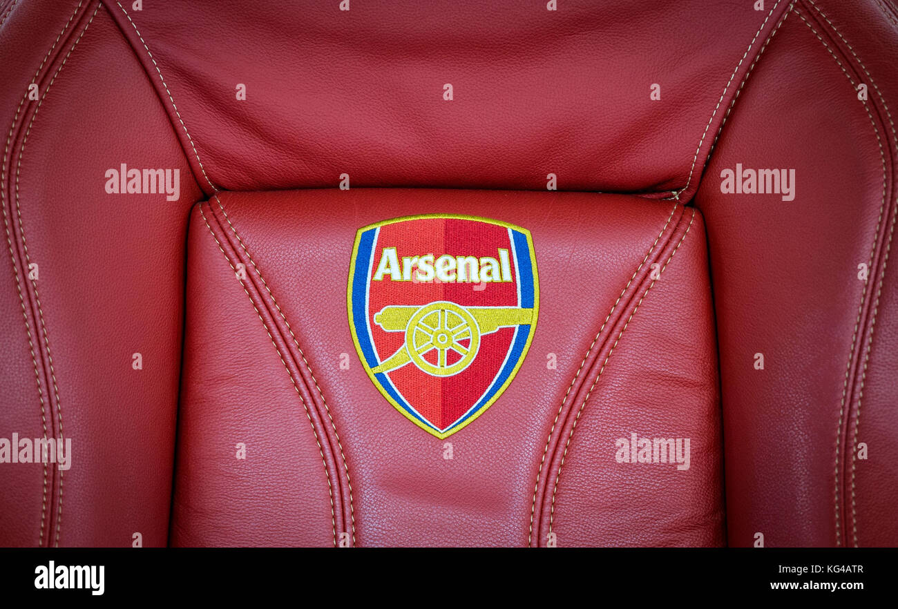 London, UK. 02nd Nov, 2017. Arsenal seat in the dugout with stitched Arsenal badge ahead of the UEFA Europa League group stage match between Arsenal and FC Red Star Belgrade at the Emirates Stadium, London, England on 2 November 2017. Photo by PRiME Media Images. Credit: Andrew Rowland/Alamy Live News Stock Photo