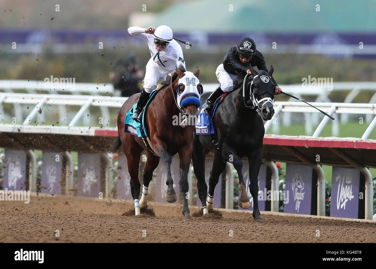 Del Mar, California, USA. 3rd Nov, 2017. Battle of Midway, left, with jockey FLAVIEN PRAT edges out Sharp Azteca with jockey PACO LOPEZ to win the seventh race during the Breeders' Cup at the Del Mar racetrack in Del Mar on Friday. Credit: Hayne Palmour Iv/San Diego Union-Tribune/ZUMA Wire/Alamy Live News Stock Photo