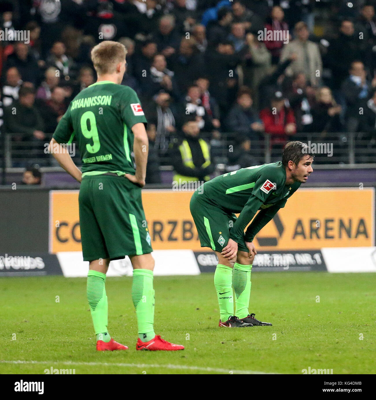 Bremen's Aron Johannsson (L) and Fin Bartels (R) look disappointed after their defeat during the German Bundesliga soccer match between Eintracht Frankfurt and Werder Bremen in Frankfurt/M., Germany, 03 November 2017. Photo: Hasan Bratic/dpa Stock Photo