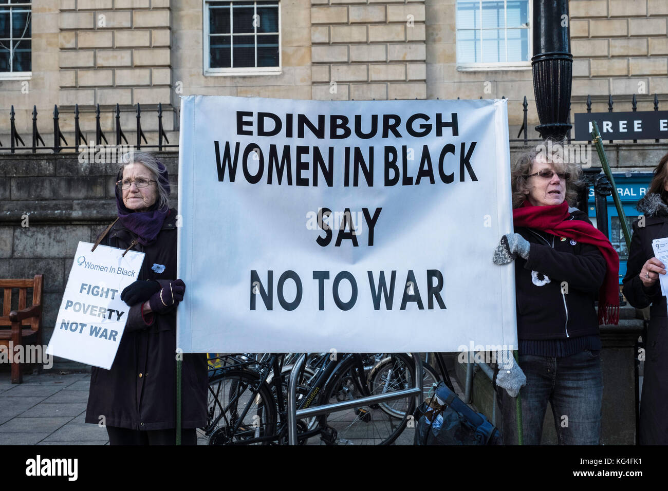 Edinburgh, Scotland, United Kingdom. 04 Nov 2017. Female pacifist group Women in Black in regular silent protest against wars  on Princes Street in Edinburgh. Credit: Iain Masterton/Alamy Live News Stock Photo