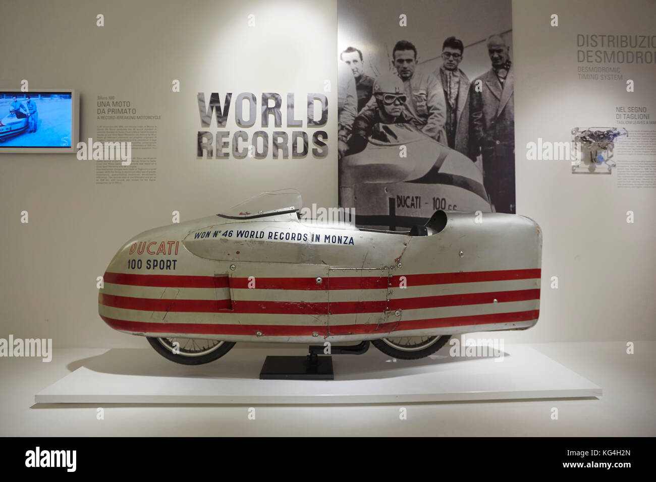 Silura 100 won 46 world speed records in Monza 1956 on display at the Ducati factory museum, Bologna, Italy. Stock Photo