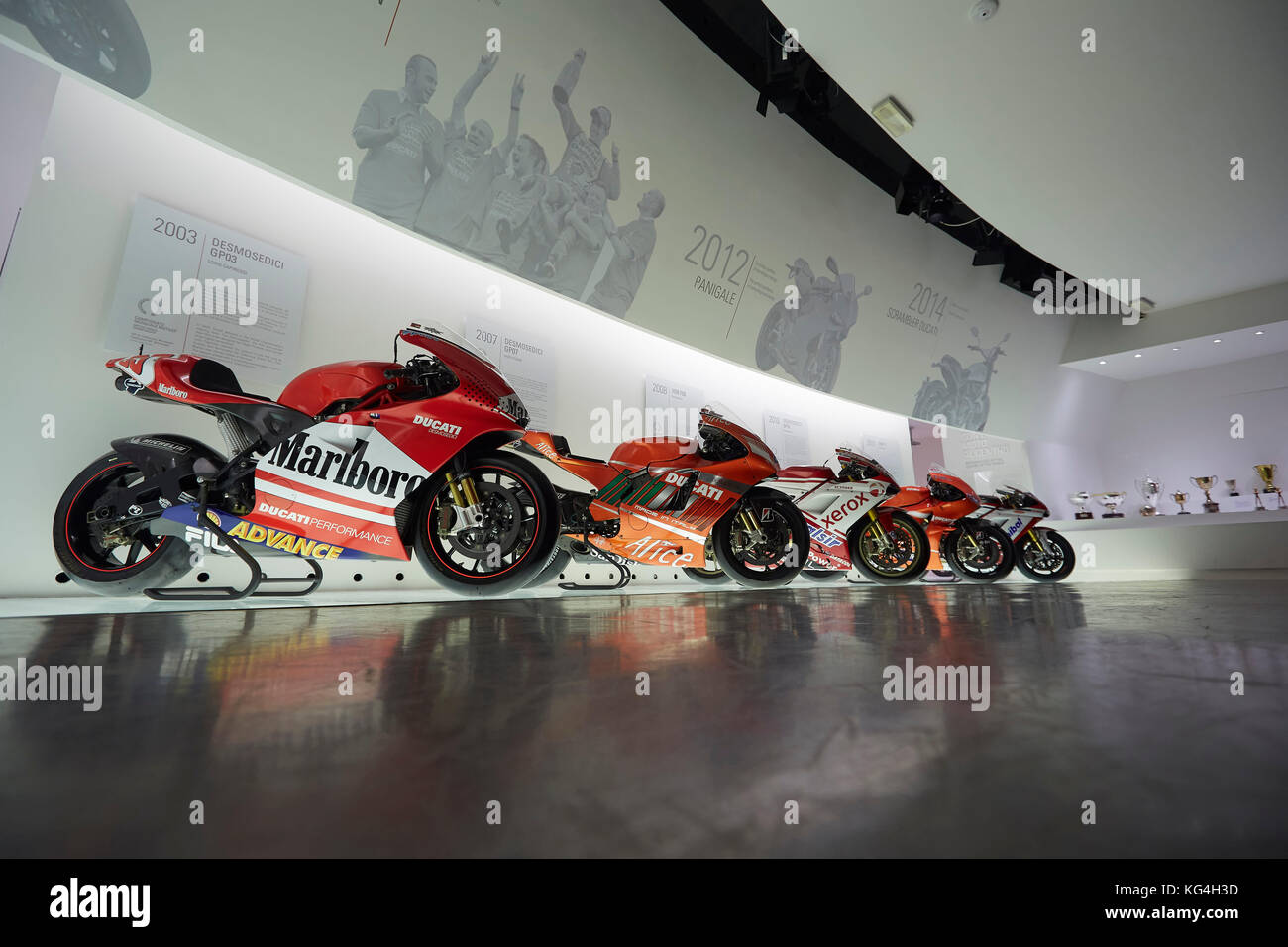 Motorcycles on display at the Ducati factory museum, Bologna, Italy. Stock Photo