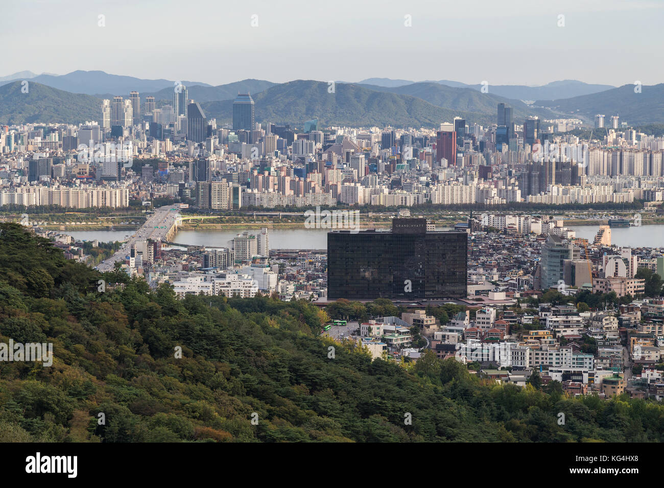Panorama of Seoul, South Korea, skyline from Namsan Mountain Stock Photo