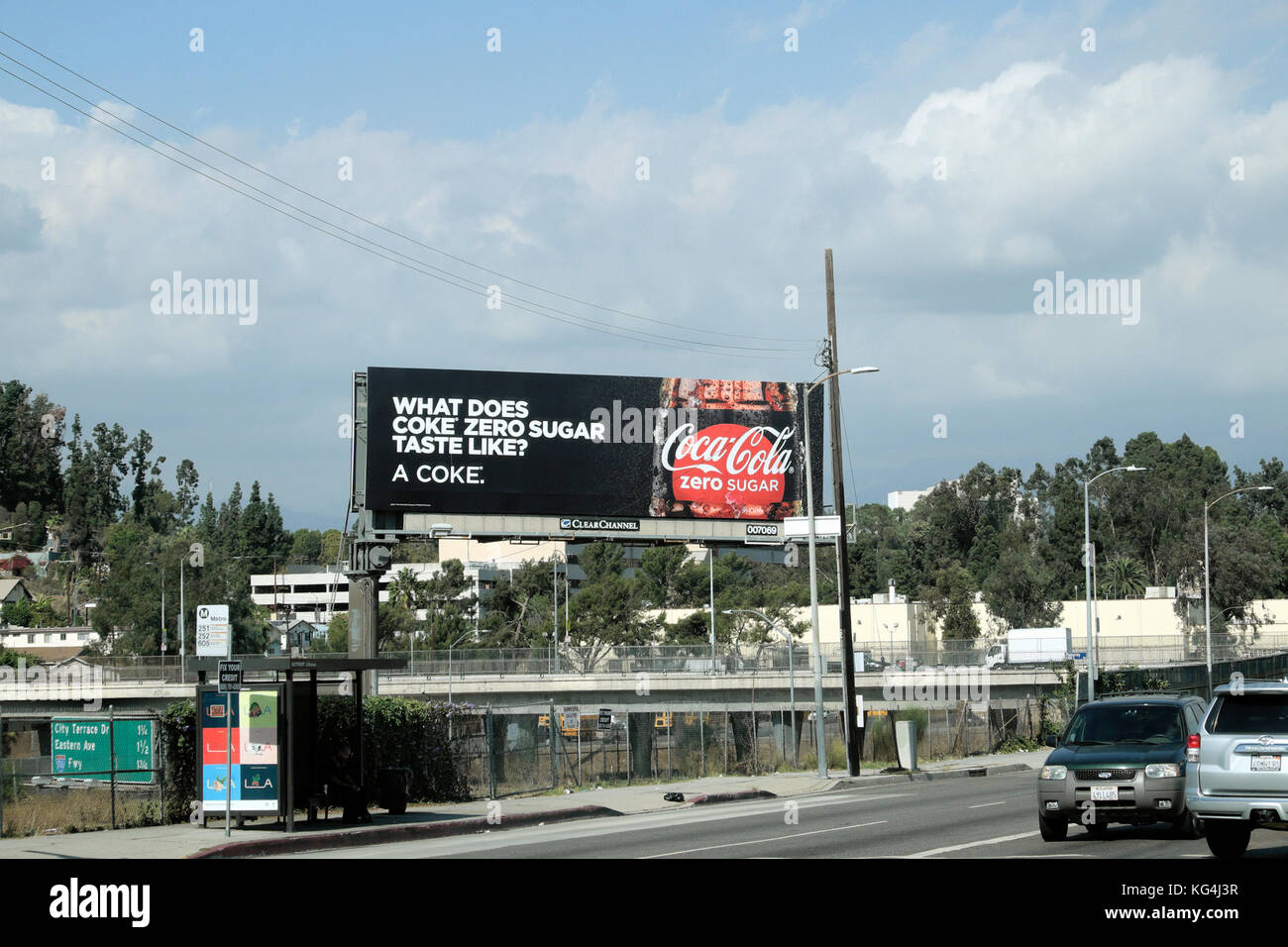 'What Does Coke Zero Sugar Taste Like?'  'A Coke' Coca Cola advertizing billboard near the freeway on a street in Los Angeles California  KATHY DEWITT Stock Photo