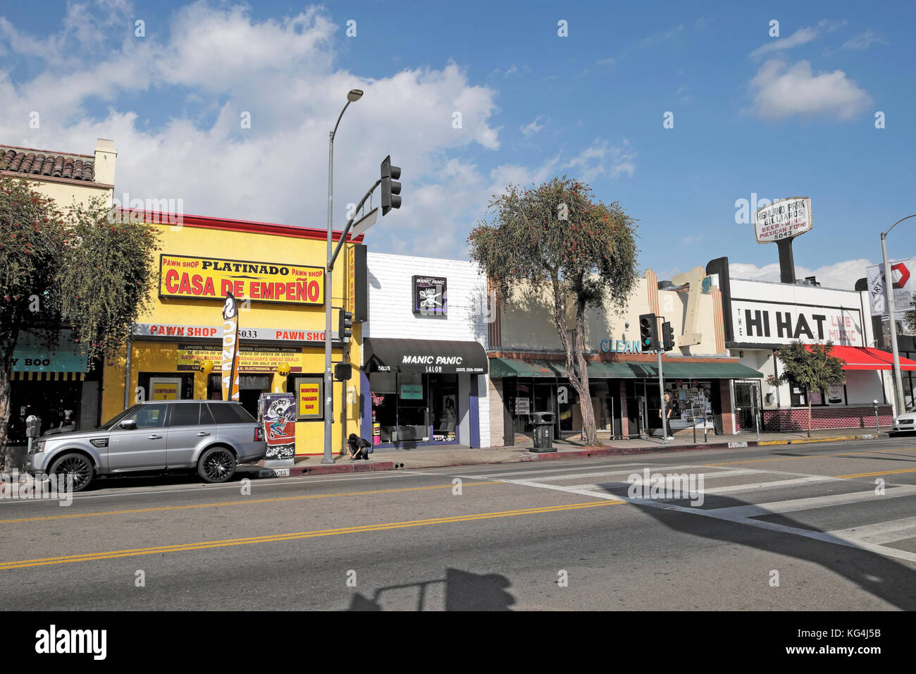 Stores, pawnshop casa de empeño,The Hi Hat music venue, Urchin on York Boulevard in trendy Highland Park, Los Angeles, California, USA    KATHY DEWIT Stock Photo