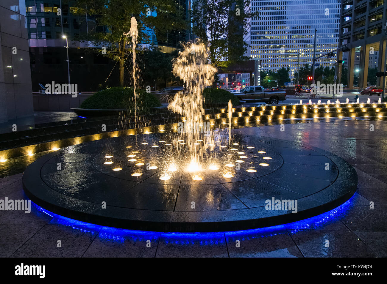 Fountain with lights and illumination in Downtown Houston, Texas Stock Photo