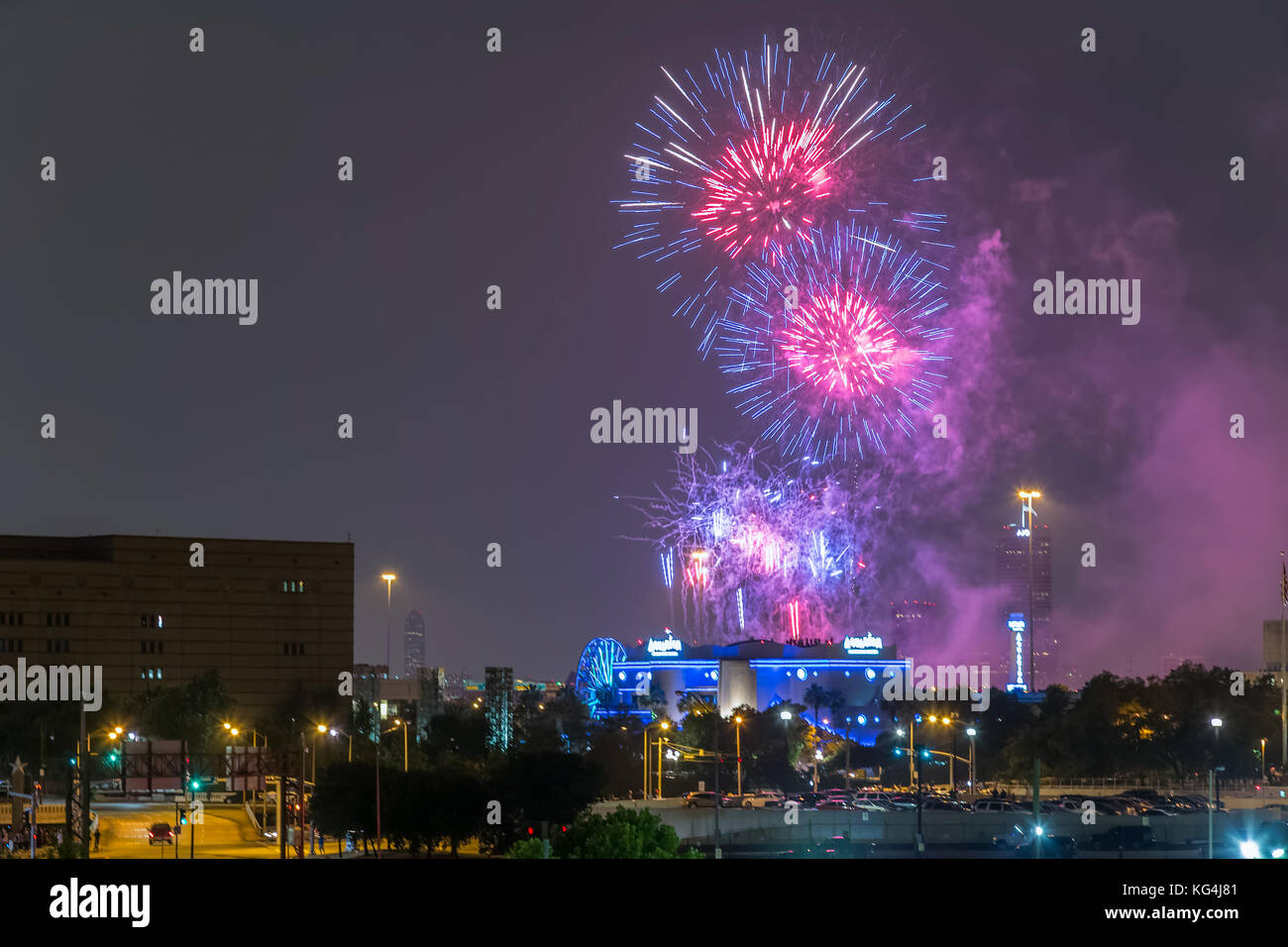 Independence Day Fireworks above Downtown Houston, Texas Stock Photo
