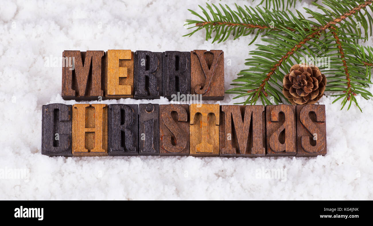 Merry Christmas lettering on snowy background with tree branch and ...