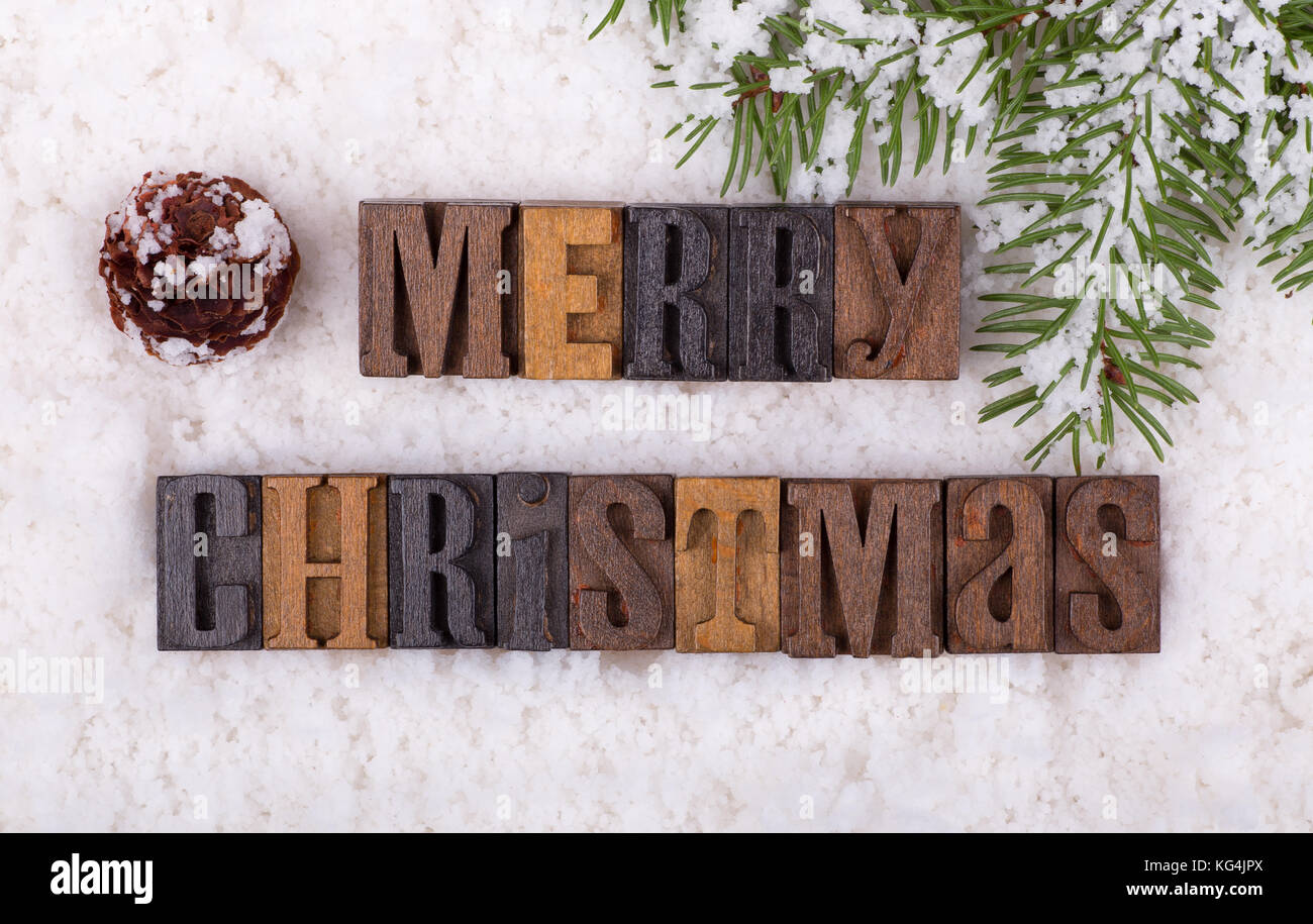 Merry Christmas lettering on snowy background with tree branch and ...
