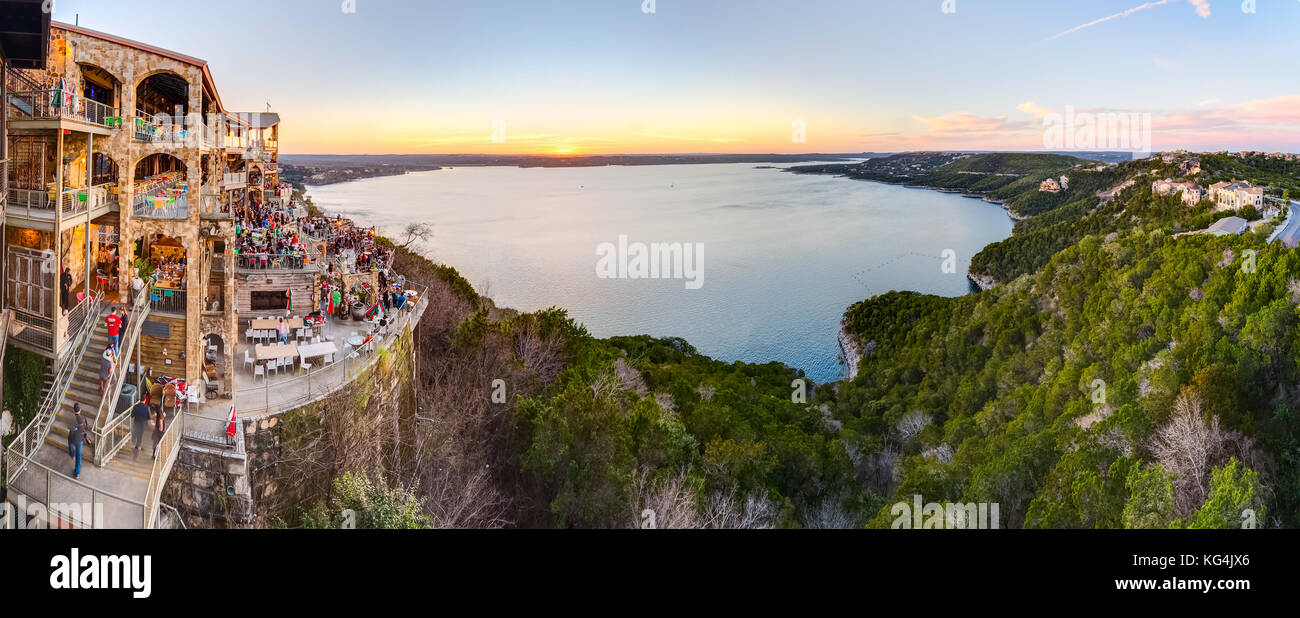 Panorama of Lake Travis from The Oasis restaurant in Austin, Texas at sunset Stock Photo