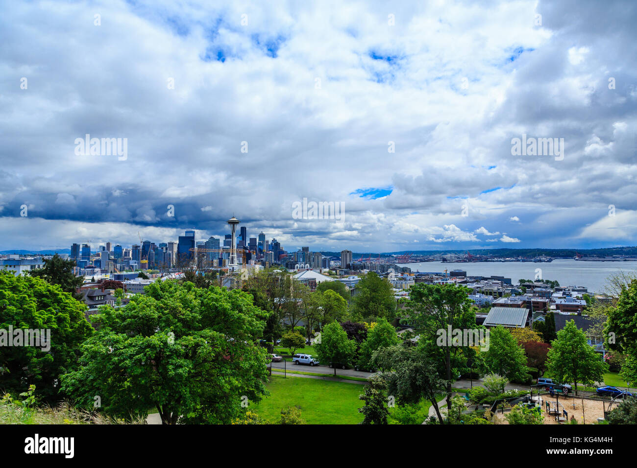 View of Downtown Seattle from Queen Anne Hill on cloudy Day Stock Photo