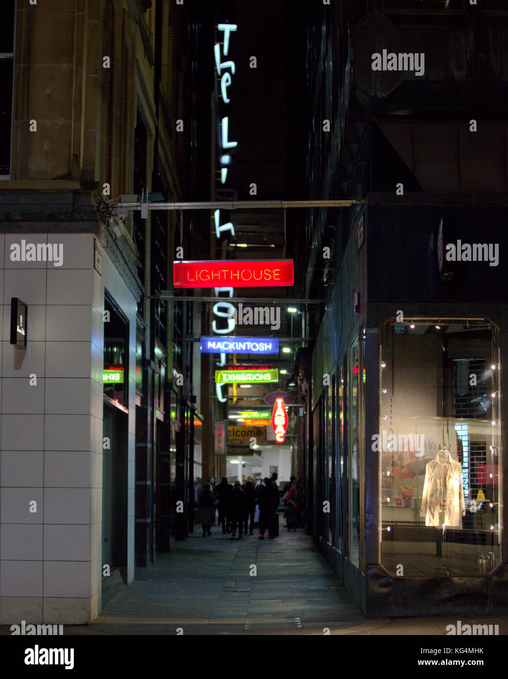 Art neon light sign display night  Mitchell Lane The Lighthouse, Glasgow Scotland's Centre for Design and Architecture. Stock Photo