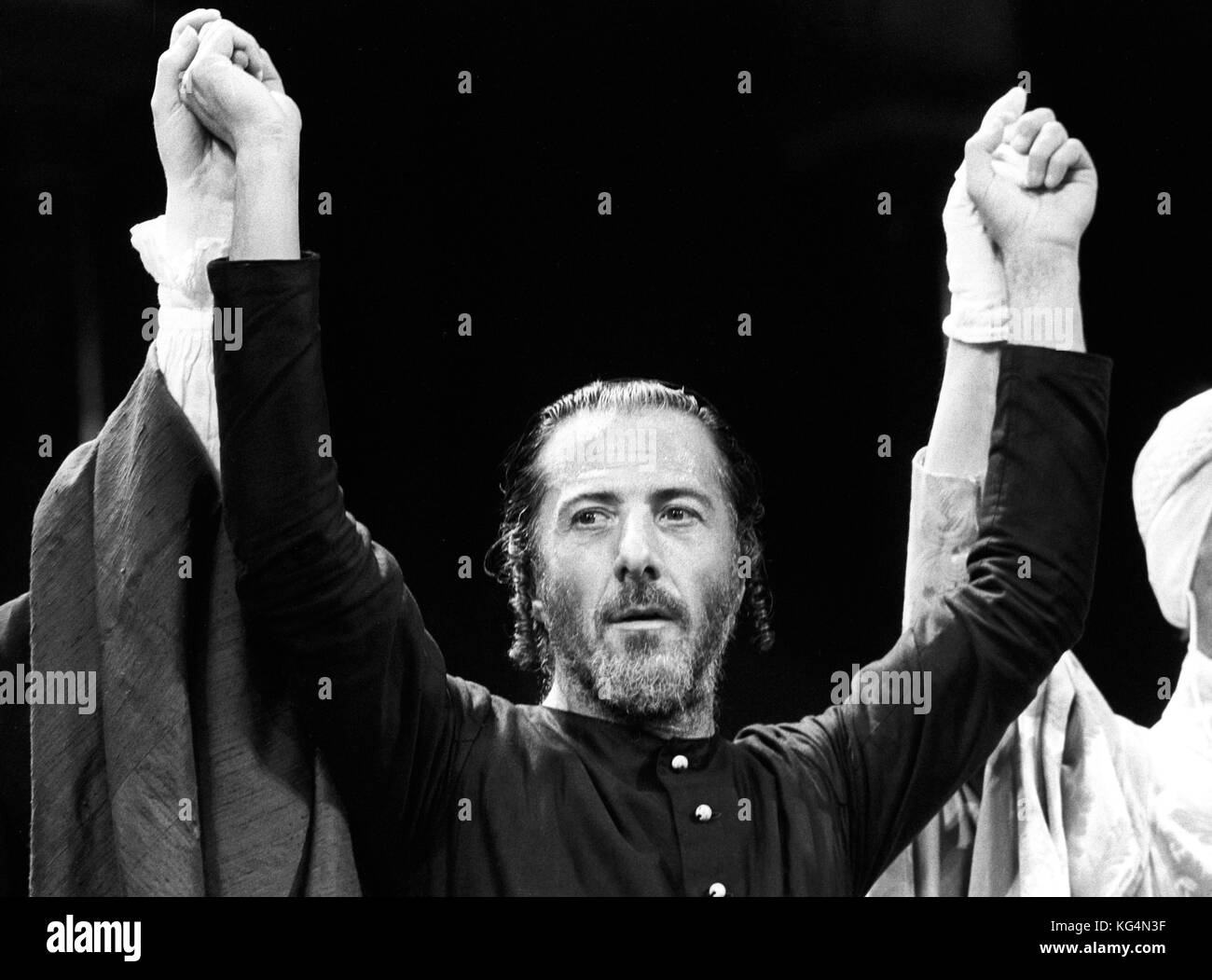 Oscar-winning actor Dustin Hoffman takes a curtain call after his performance as Shakespeare's most famous Jew, Shylock, in The Merchant of Venice. Following two weeks of previews, the play opens tonight at London's Phoenix Theatre. Stock Photo