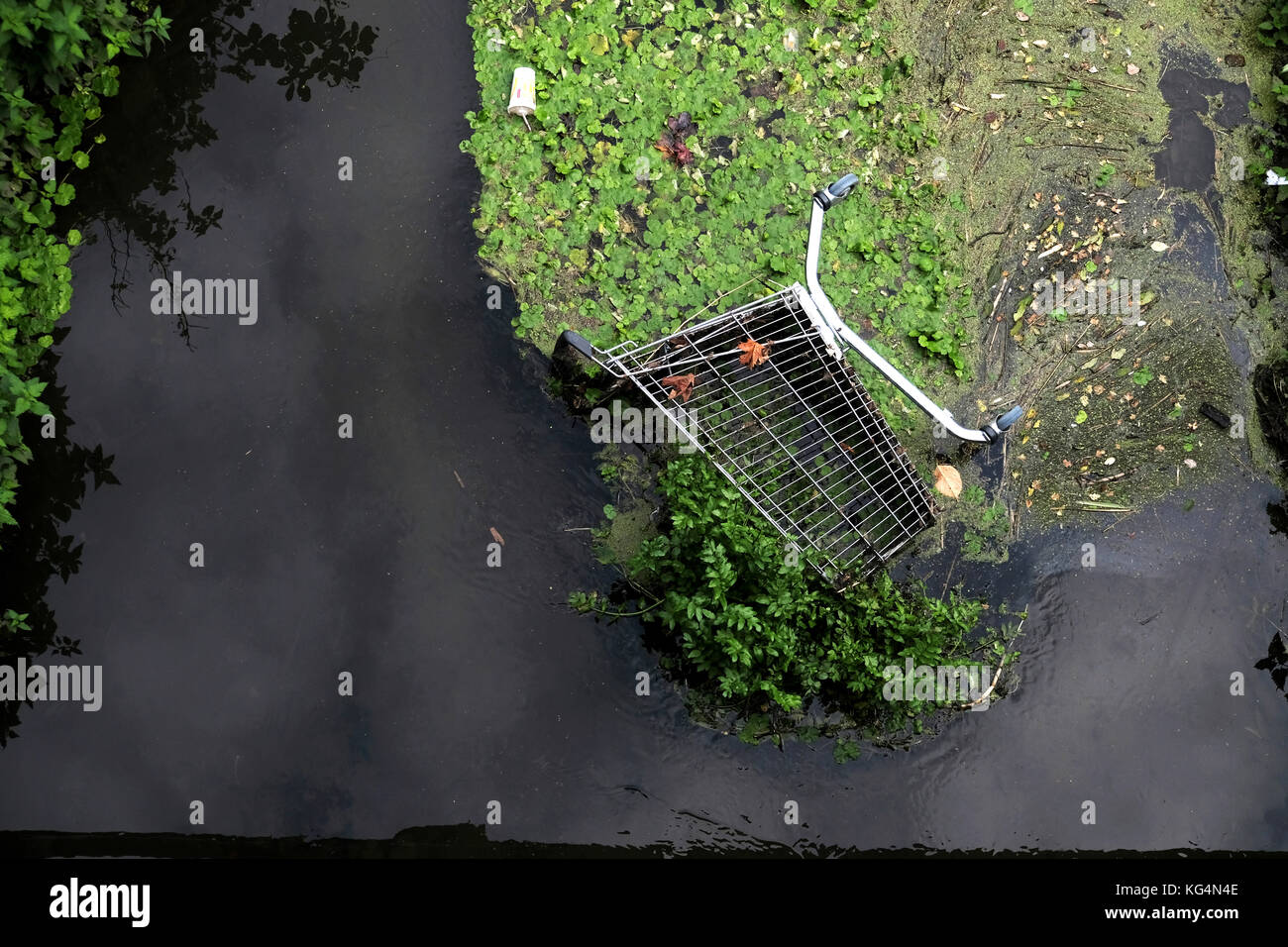 An abandoned shopping trolley dumped in a local river causing  environmental damage in Bristol, England, UK Stock Photo