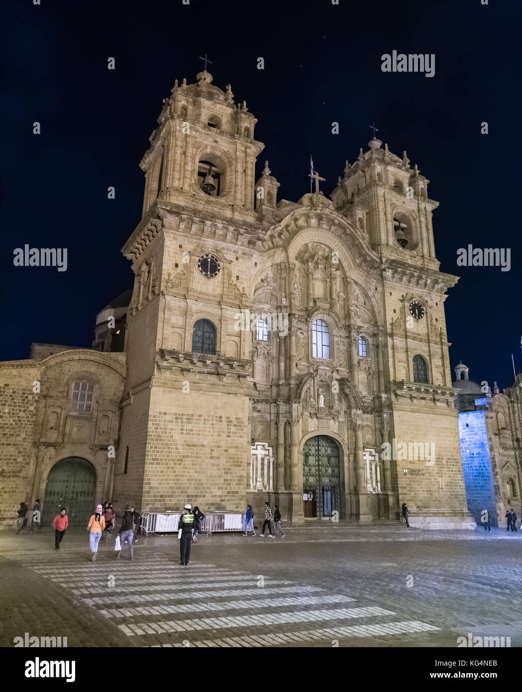 Cathedral Basilica of the Assumption of the Virgin or Santo Domingo at Plaza de Armas in Cusco, Peru by night Stock Photo