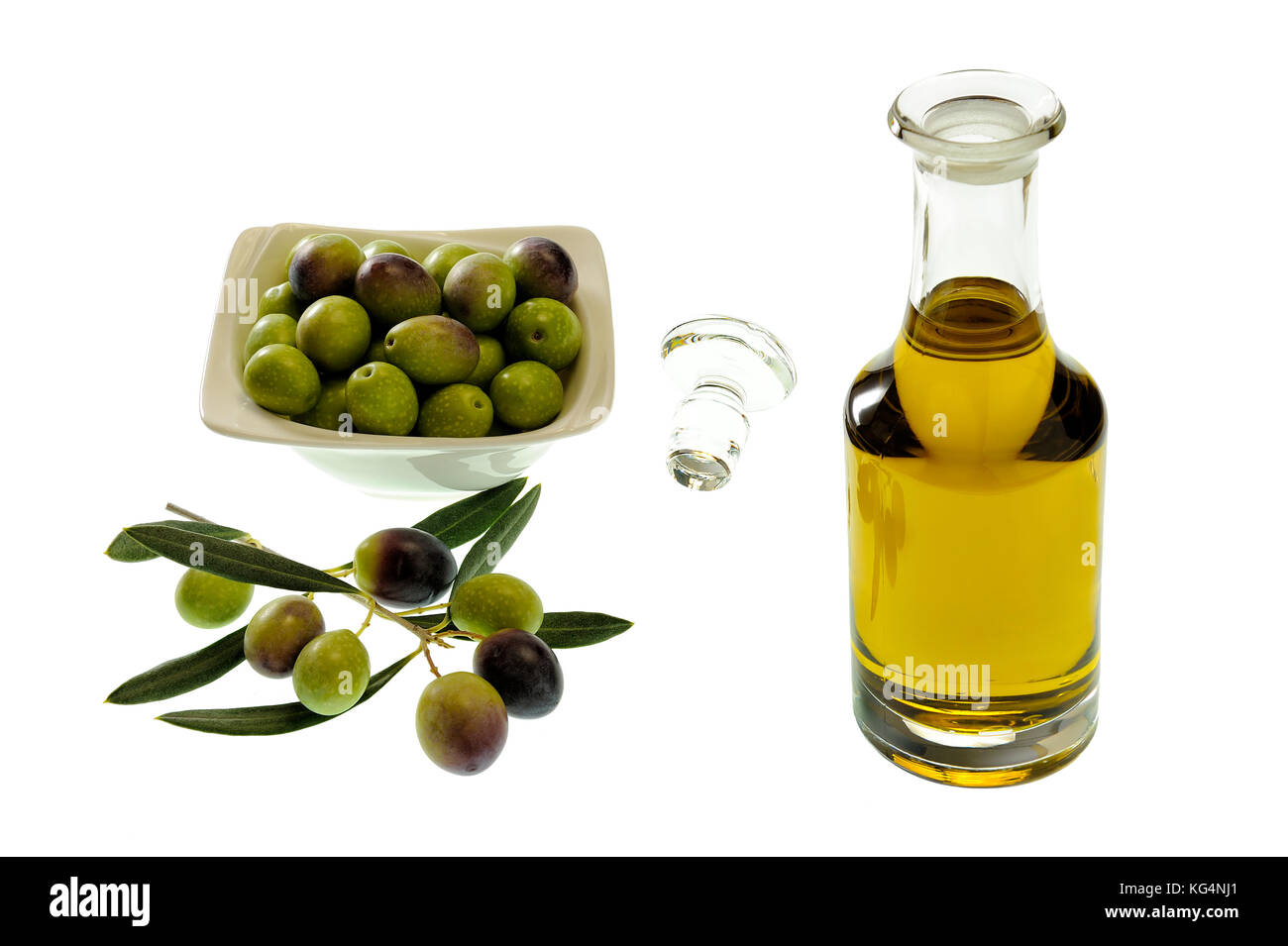 Bowl of olives and extra virgin olive oil in a glass cruet isolated on ...