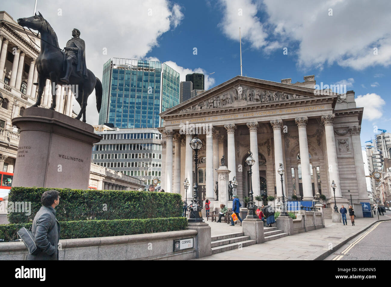 Duke of Wellington Statue and Royal Exchange London, Bank Junction Stock Photo