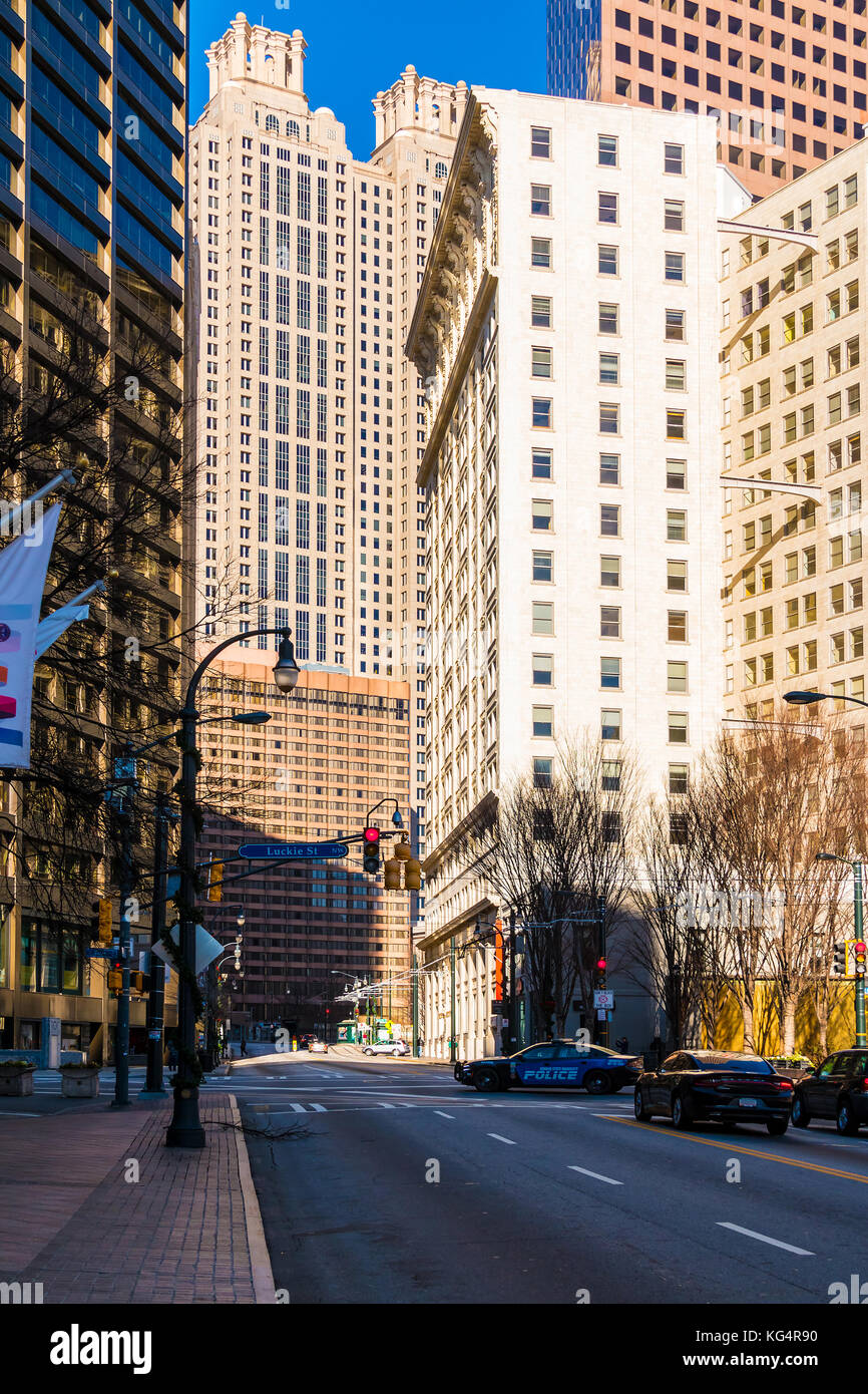 Atlanta, Georgia, USA - December 29, 2016: View of skyscrapers on the Peachtree street NE in Downtown in sunny day Stock Photo