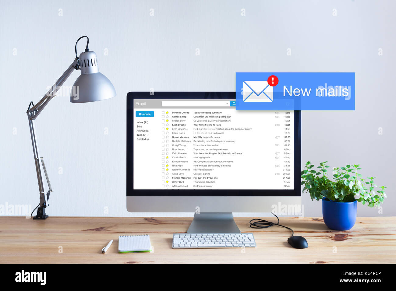 Receiving email in inbox concept with popup notification of new unread mails appearing on computer screen, marketing, spam Stock Photo