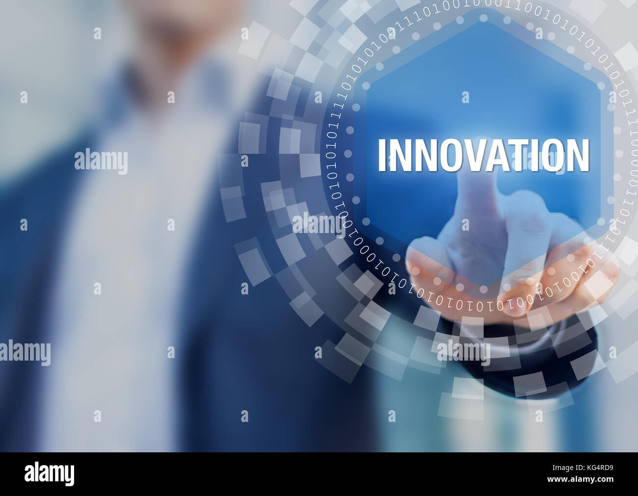Innovation concept with researcher presenting innovative ideas and new technologies on virtual screen Stock Photo