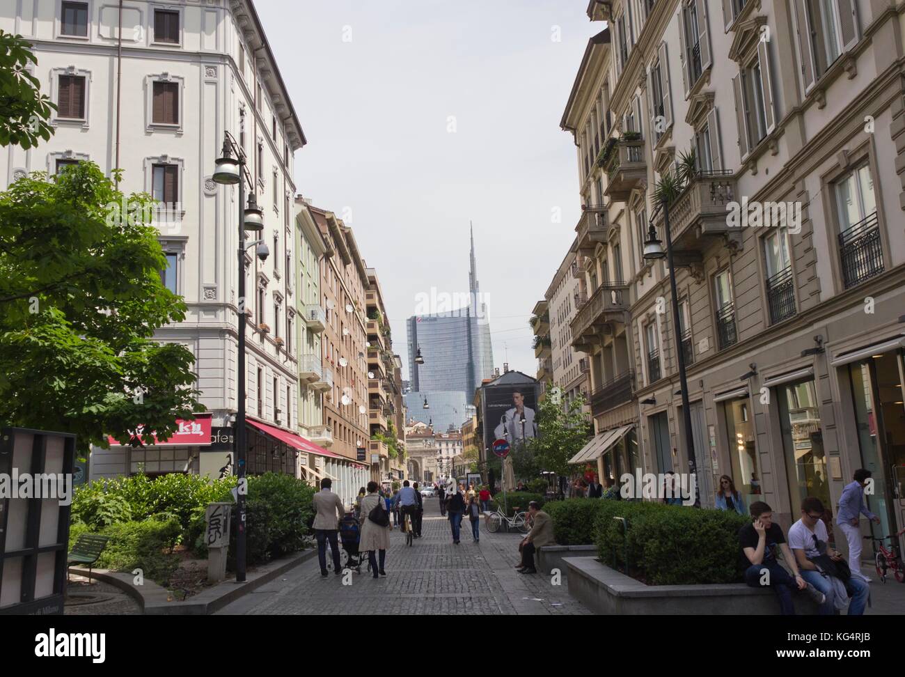 MILAN, ITALY - MAY 10: Corso Garibaldi in Milan, one of the main shopping street, overlooking the ancient Arch of Porta Nuova and the new glass skyscr Stock Photo