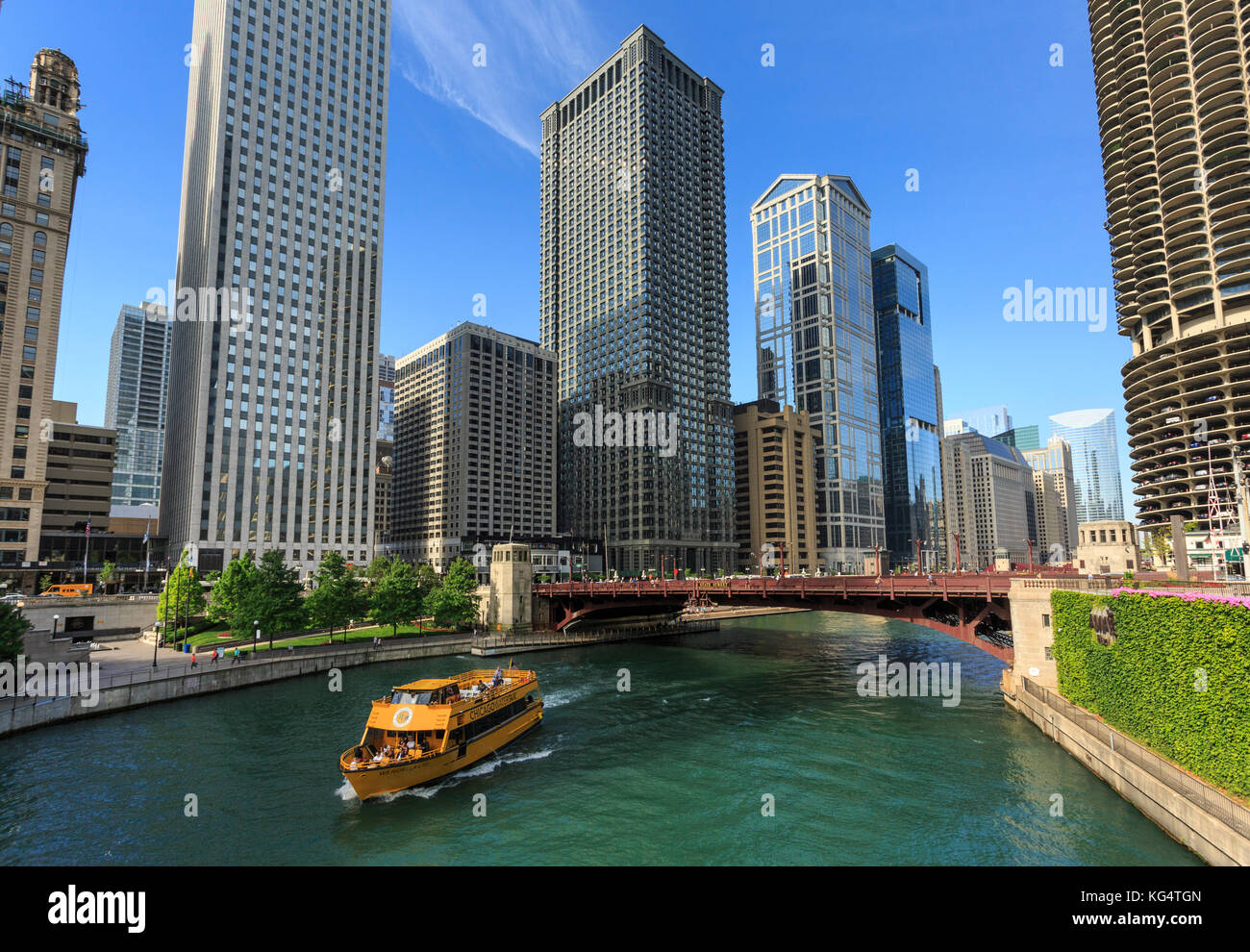 Chicago River Walk with Marina Towers and Chicago River, Chicago, Illinois, USA Stock Photo