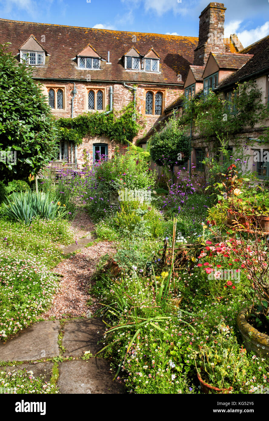 Courtyard garden with lush planting of perennials at Cothay Manor near Wellington in Somerset UK Stock Photo