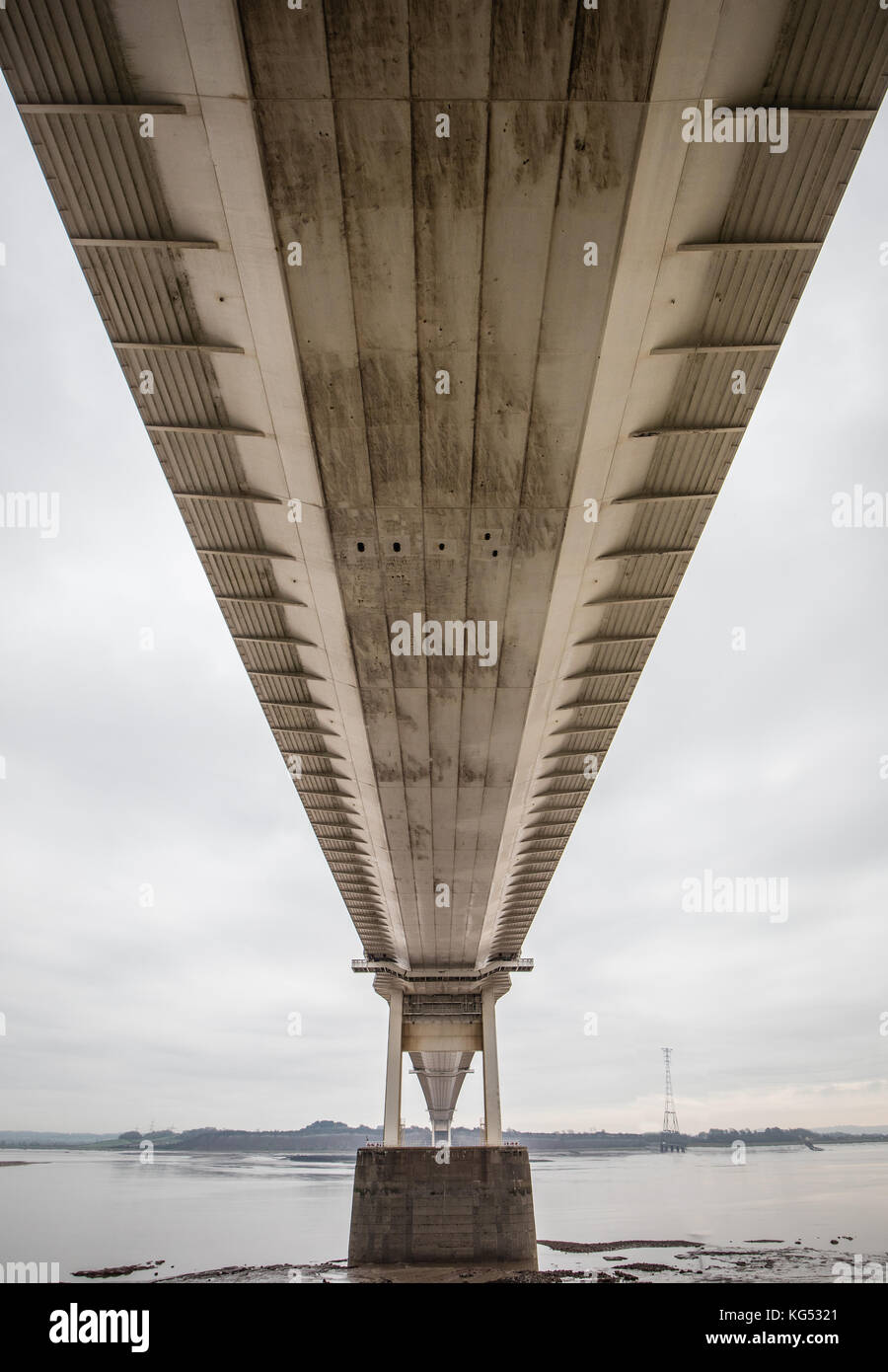 Severn Road Bridge over the River Severn linking Chepstow in South Wales and Aust on the English bank viewed from below Stock Photo