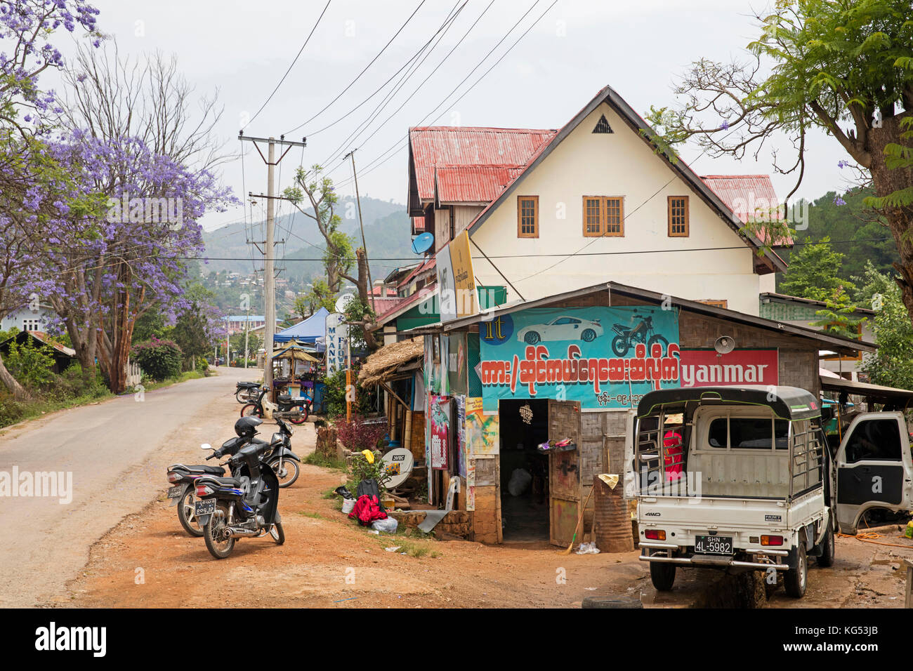 Primitive garage in the hill town Kalaw, former colonial British hill station, Taunggyi District, Shan State, Myanmar / Burma Stock Photo