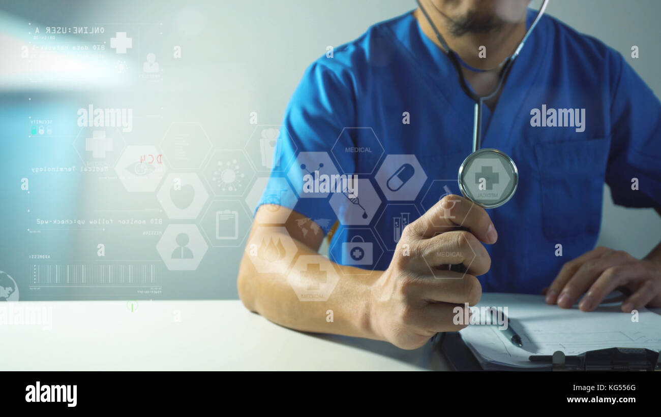 Medical techonlogy concept,smart doctor hand working with modern ...