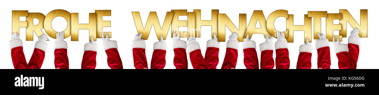 German Frohe Weihnachten English Translation Merry Christmas Greeting Santa Claus Hands Holding Up Golden Shiny Metal Letters Lettering Isolated Wide Stock Photo Alamy