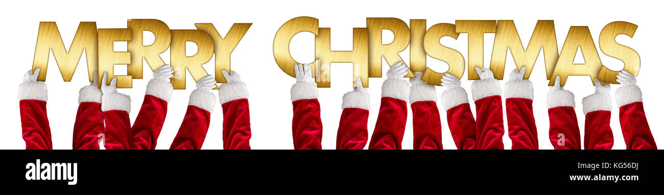 santa claus hands holding up merry christmas greeting golden shiny metal letters lettering isolated wide panorama background Stock Photo
