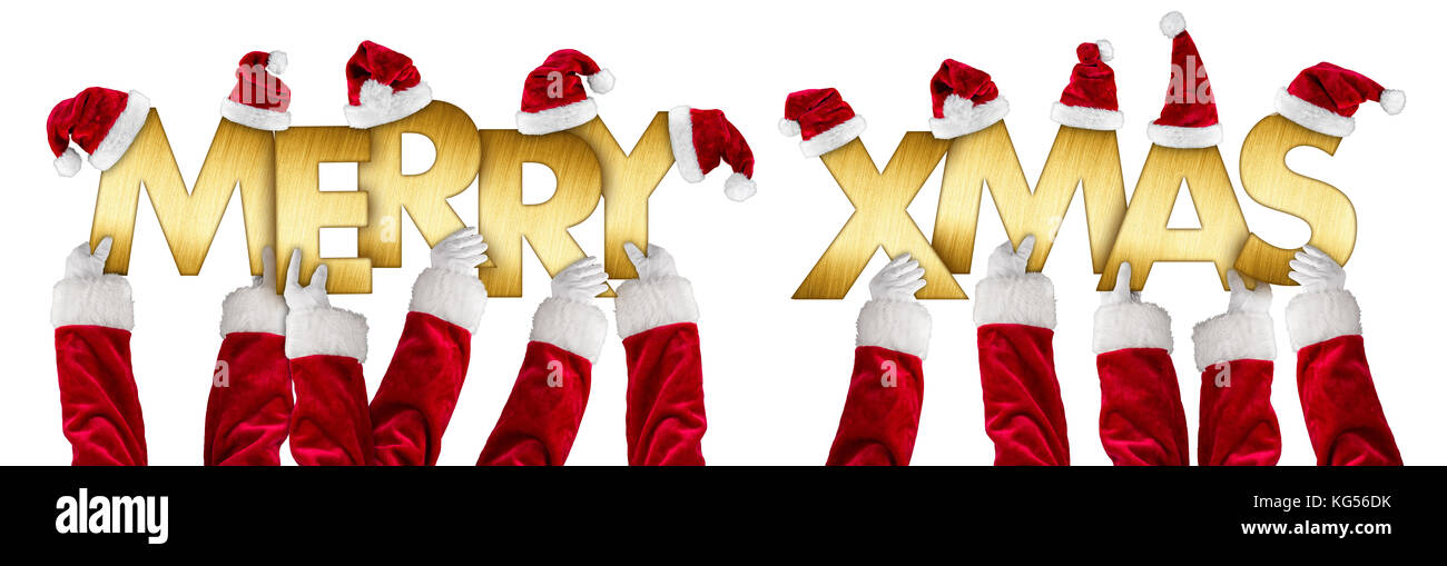 santa claus hands holding up merry xmas christmas greeting golden shiny metal letters lettering with red white hats isolated wide panorama background Stock Photo