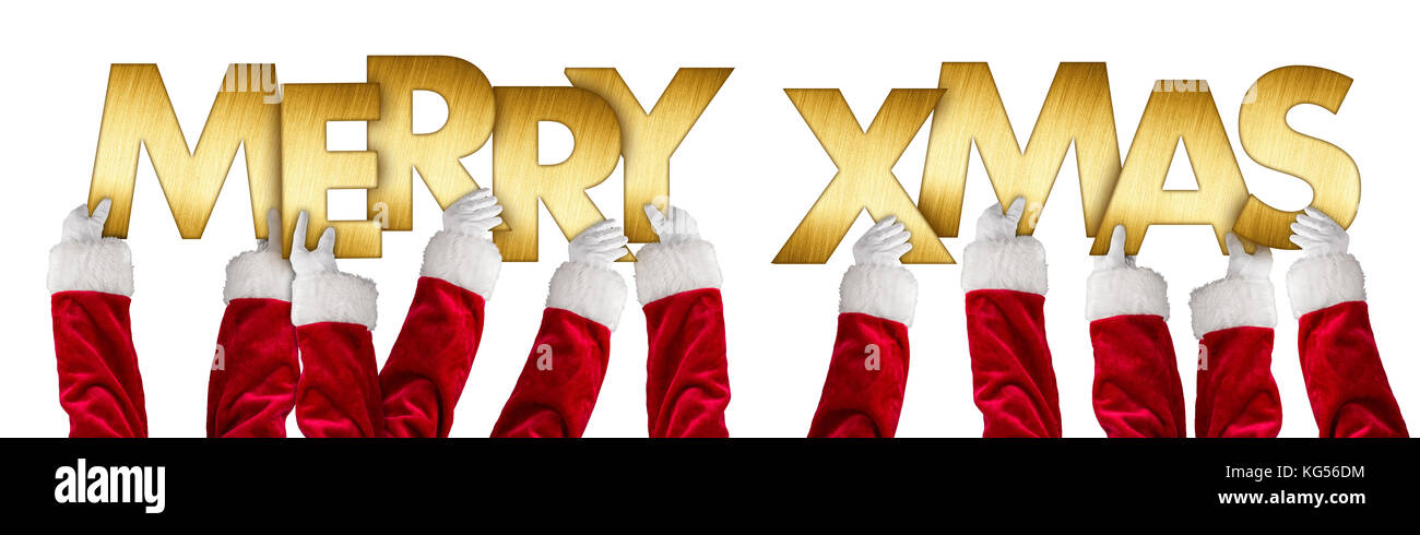 santa claus hands holding up merry xmas christmas greeting golden shiny metal letters lettering isolated wide panorama background Stock Photo