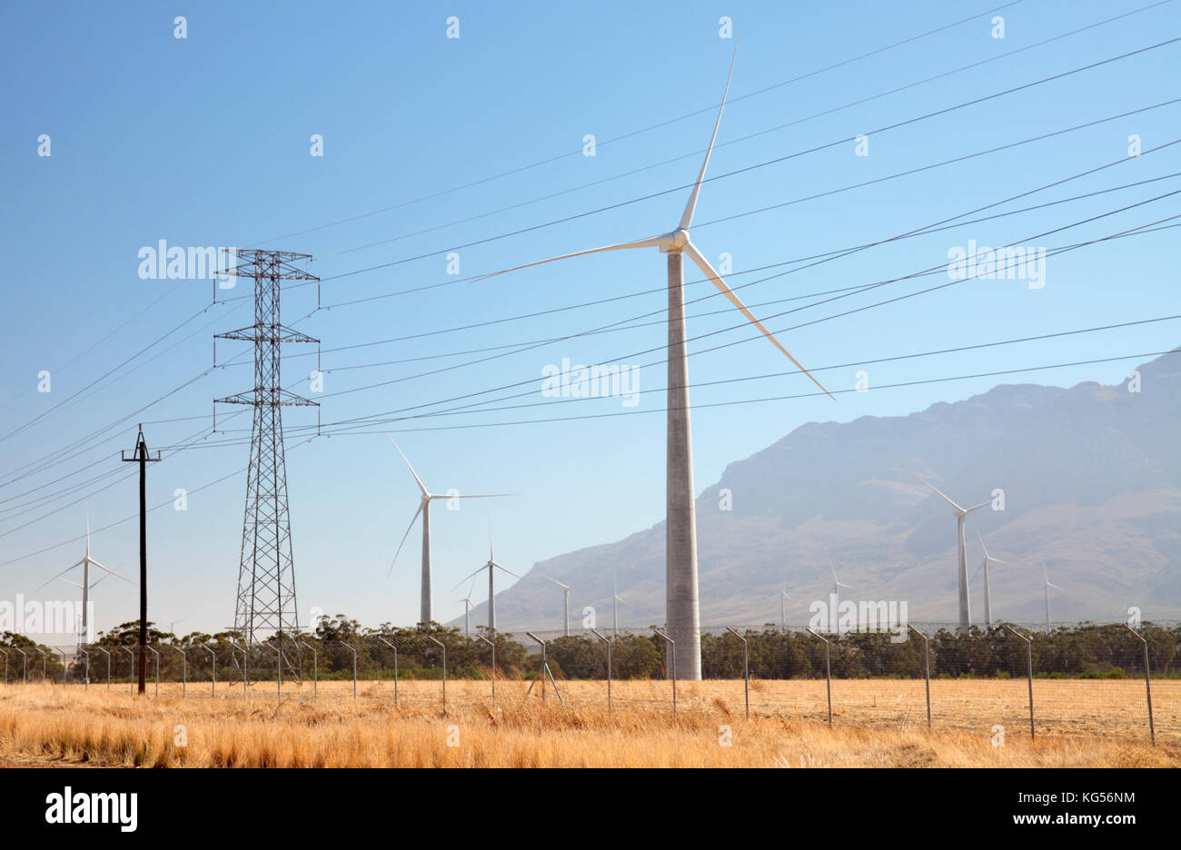 Gouda wind farm and power lines, Gouda, Western Cape, South Africa