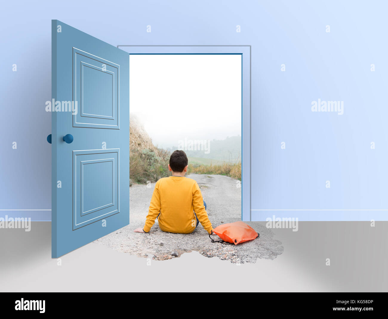 Room With Open Door Teenager Sitting On The Road Outside And